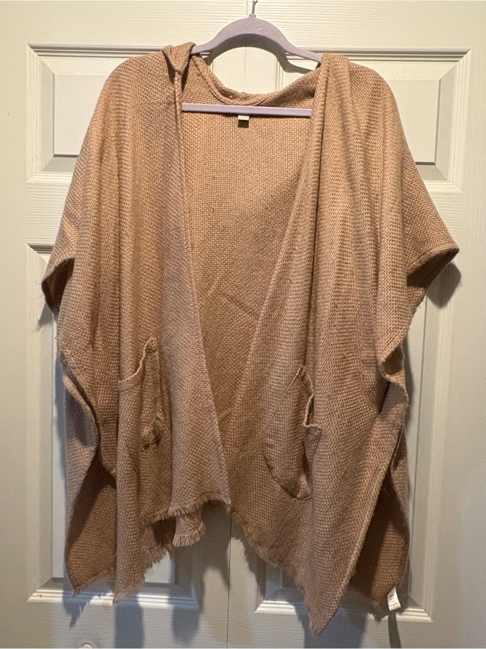 Loft Pink Tan Hooded Open-Front Waffle Knit Poncho Sweater Pockets Cozy Fall O/S